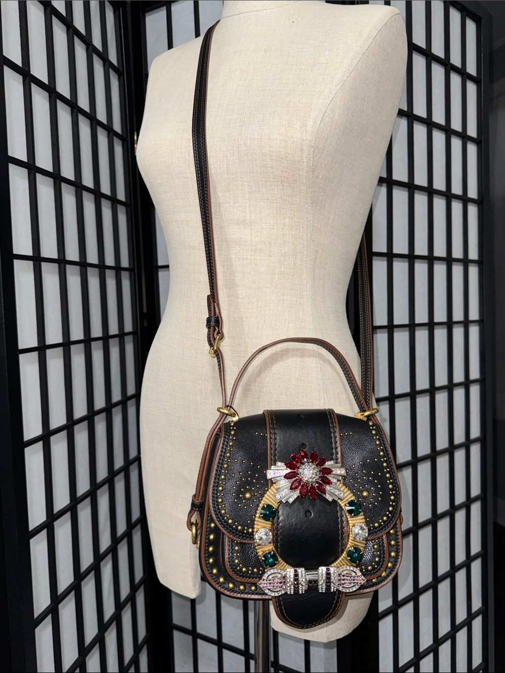 Miu Miu Rare Dahlia Madras Crystal Stud Crossbody/Shoulder Bag – Black Leather - Picture 13 of 16